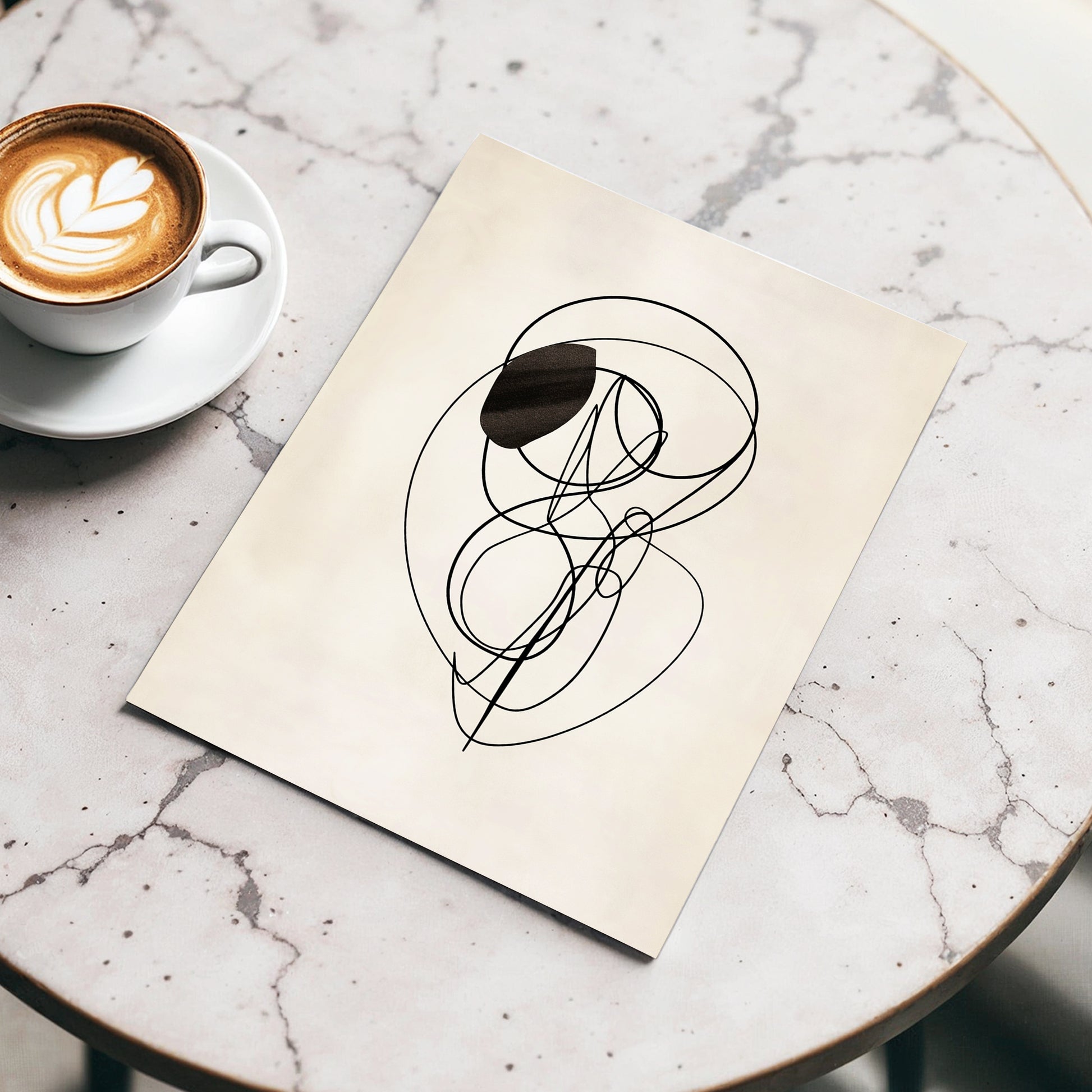 Orbiting Lines, black, beige abstract wall art displayed in a styled interior, gallery view 3