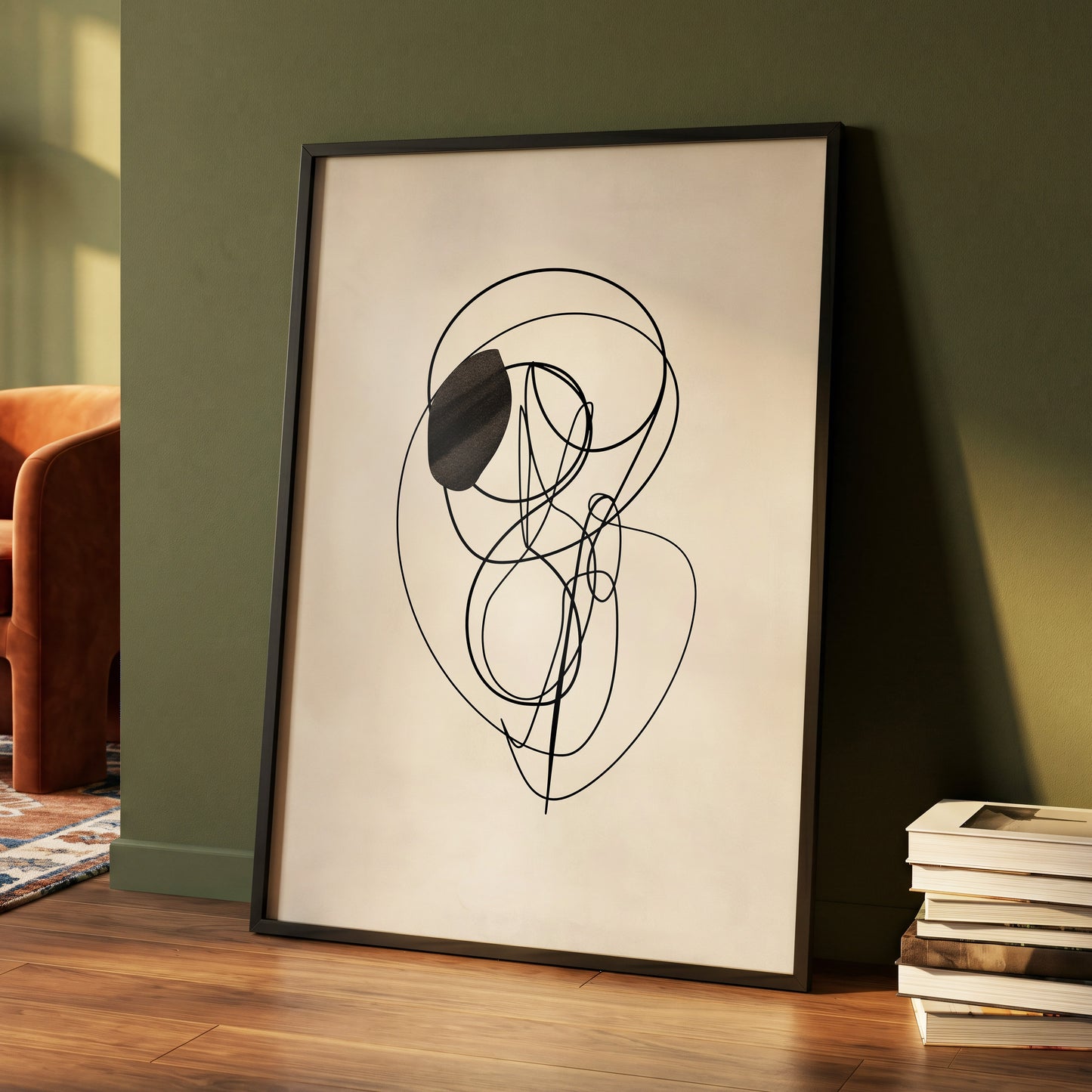Orbiting Lines, black, beige abstract wall art displayed in a styled interior, gallery view 4