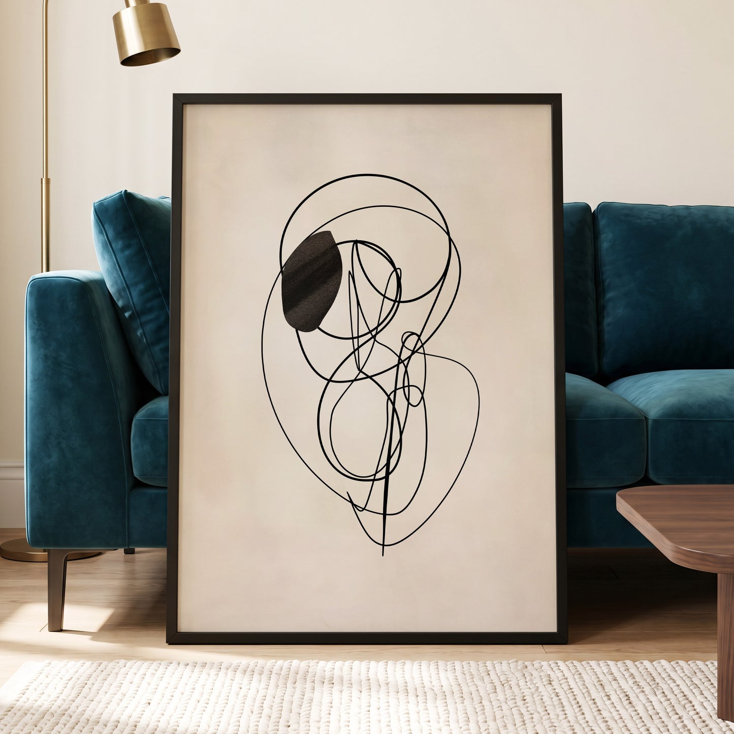 Orbiting Lines, black, beige abstract wall art displayed in a styled interior, gallery view 6