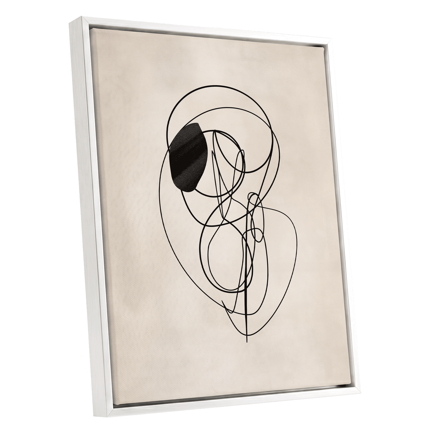 Orbiting Lines, black, beige abstract wall art shown as a white framed canvas wall art