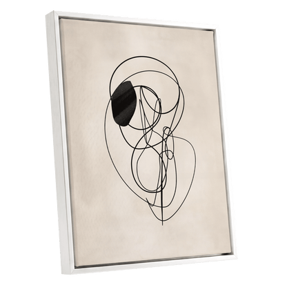 Orbiting Lines, black, beige abstract wall art shown as a white framed canvas wall art