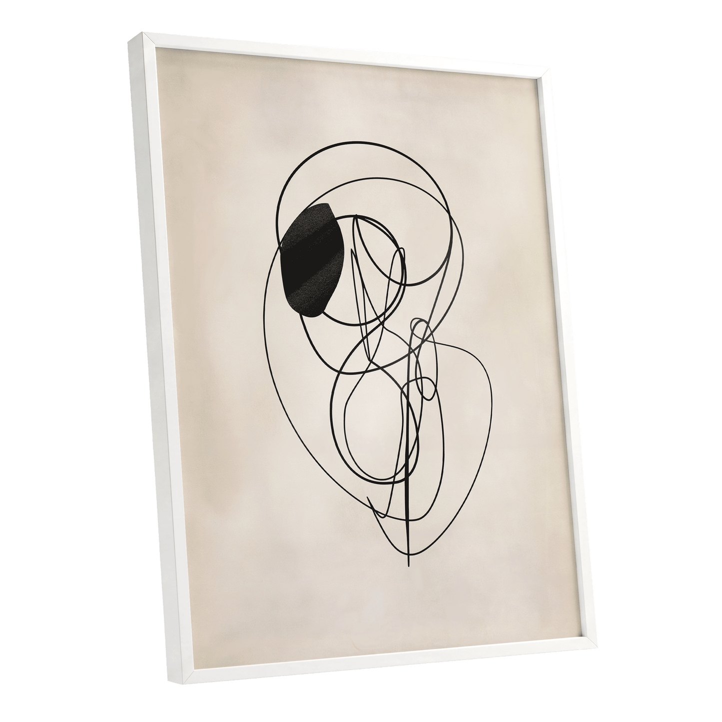 Orbiting Lines, black, beige abstract wall art shown as a white framed poster wall art print