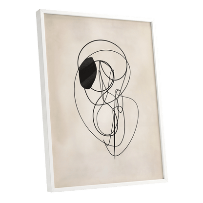 Orbiting Lines, black, beige abstract wall art shown as a white framed poster wall art print