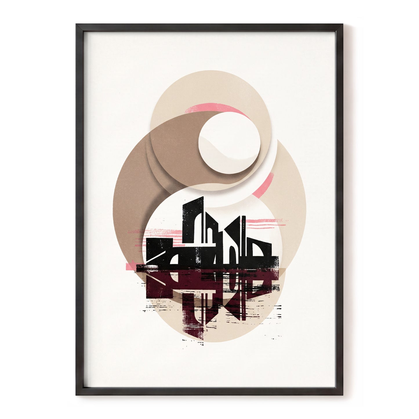Orbiting Metropolis, white, beige, black abstract wall art, front artwork view