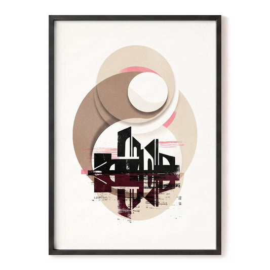 Orbiting Metropolis, white, beige, black abstract wall art, front artwork view