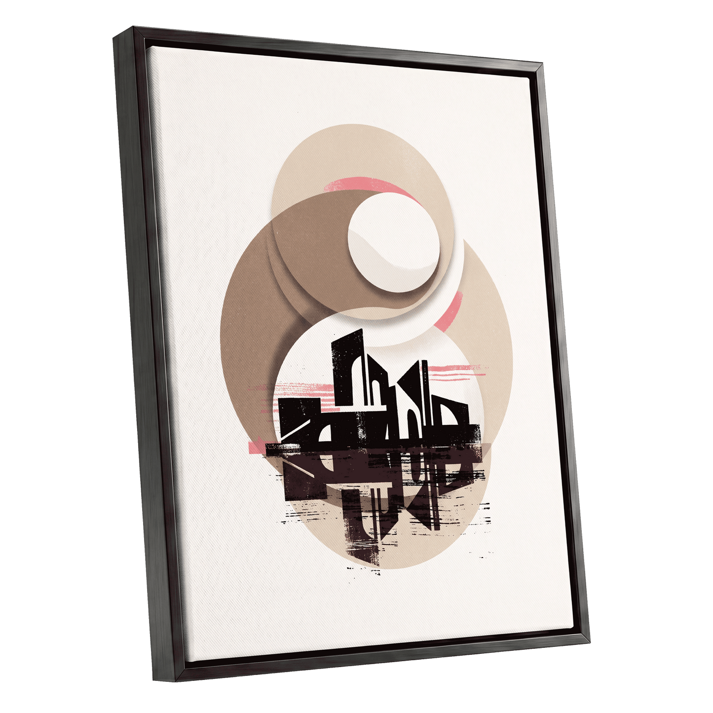Orbiting Metropolis, white, beige, black abstract wall art shown as a black framed canvas wall art
