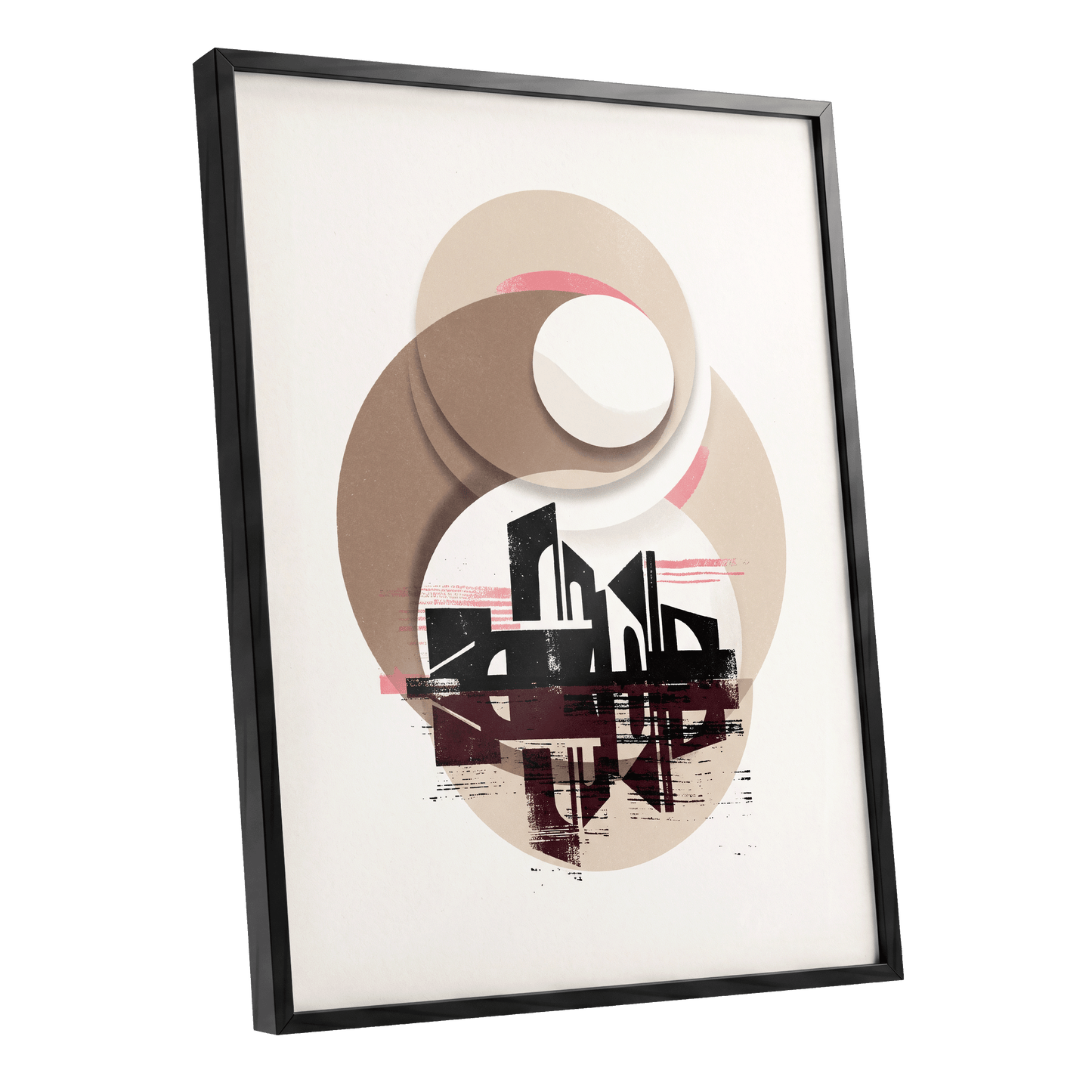 Orbiting Metropolis, white, beige, black abstract wall art shown as a black framed poster wall art print