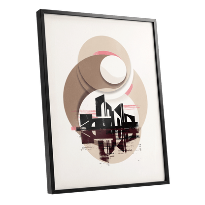 Orbiting Metropolis, white, beige, black abstract wall art shown as a black framed poster wall art print