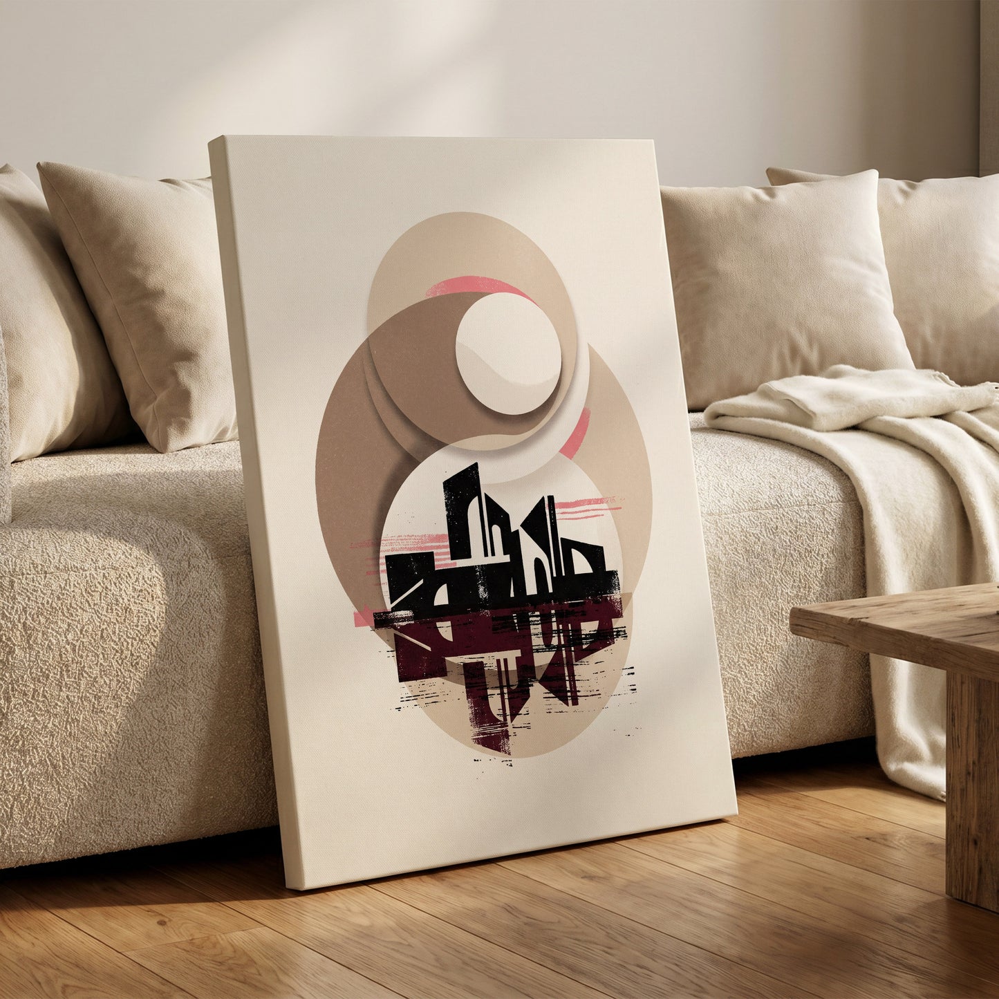 Orbiting Metropolis, white, beige, black abstract wall art on canvas displayed in a styled interior, gallery view 1