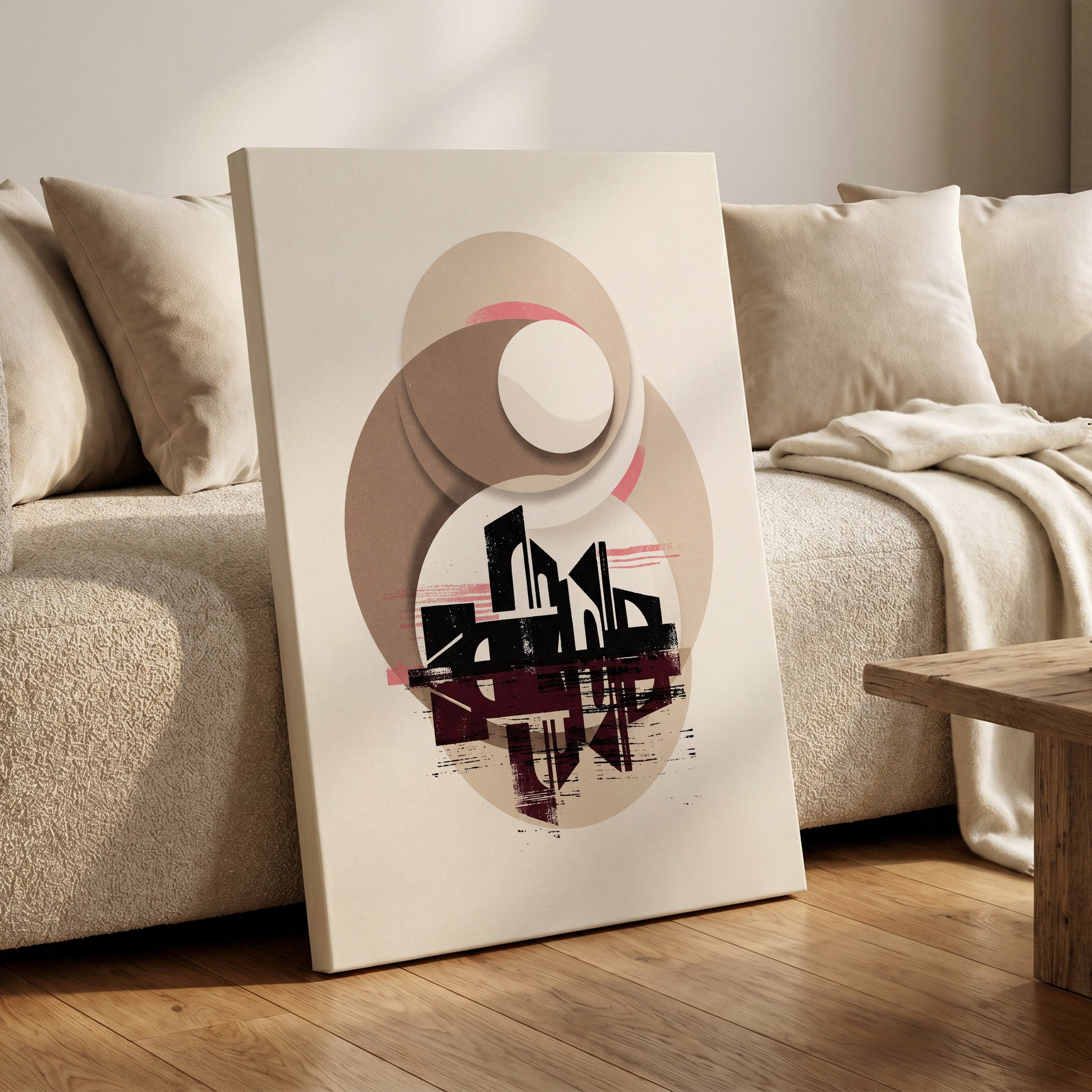 Orbiting Metropolis, white, beige, black abstract wall art on canvas displayed in a styled interior, gallery view 1