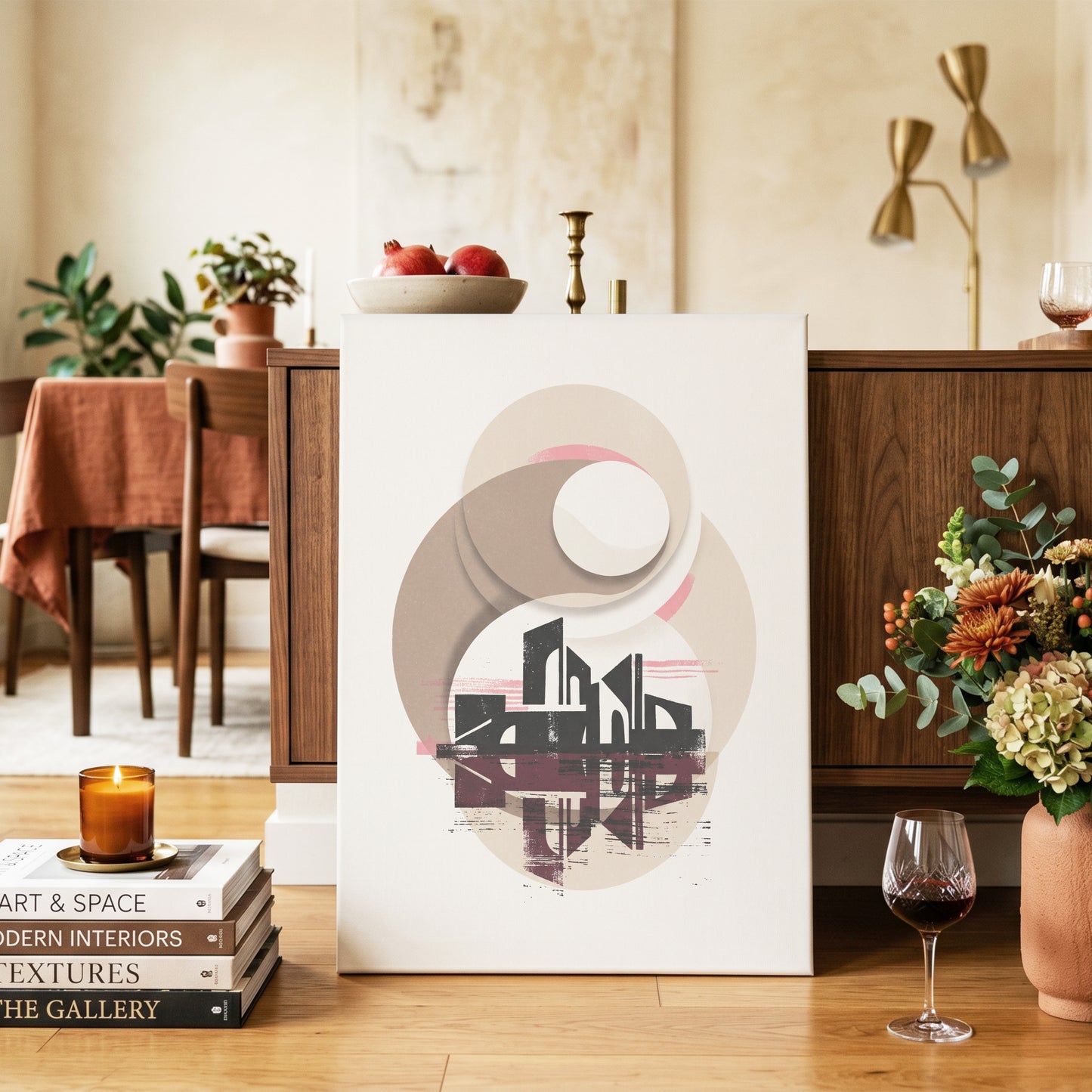 Orbiting Metropolis, white, beige, black abstract wall art on canvas displayed in a styled interior, gallery view 2