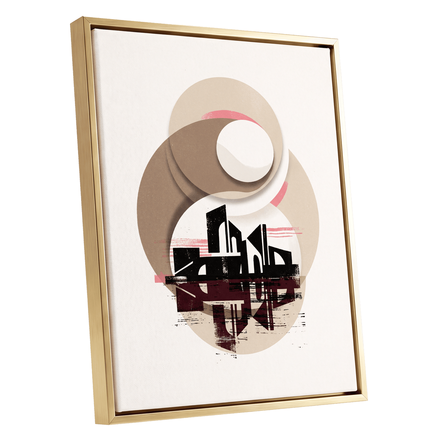 Orbiting Metropolis, white, beige, black abstract wall art shown as a gold framed canvas wall art