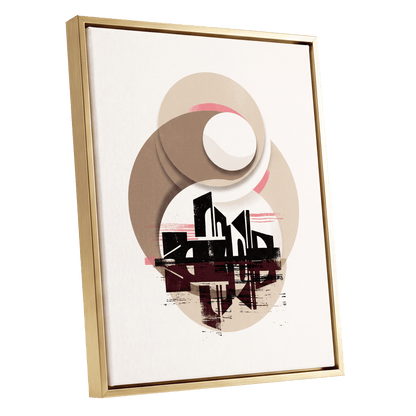 Orbiting Metropolis, white, beige, black abstract wall art shown as a gold framed canvas wall art