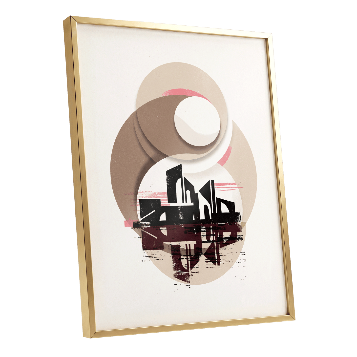 Orbiting Metropolis, white, beige, black abstract wall art shown as a gold framed poster wall art print