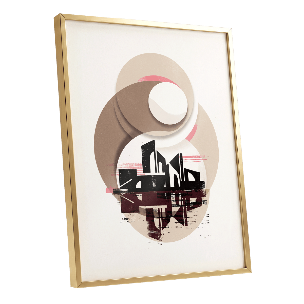 Orbiting Metropolis, white, beige, black abstract wall art shown as a gold framed poster wall art print