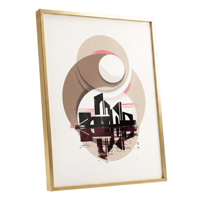 Orbiting Metropolis, white, beige, black abstract wall art shown as a gold framed poster wall art print