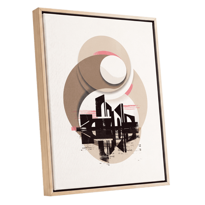 Orbiting Metropolis, white, beige, black abstract wall art shown as a oak framed canvas wall art