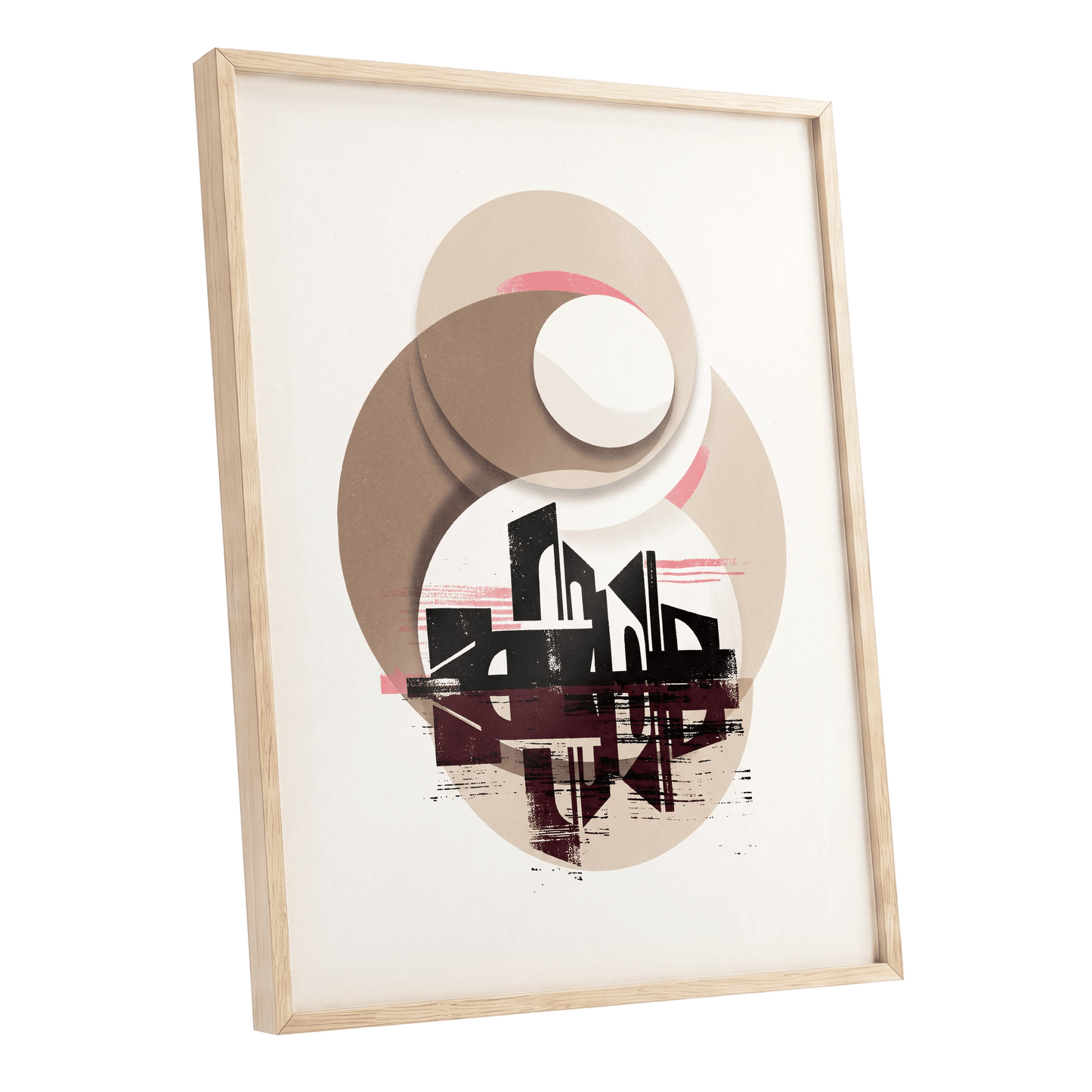 Orbiting Metropolis, white, beige, black abstract wall art shown as a oak framed poster wall art print