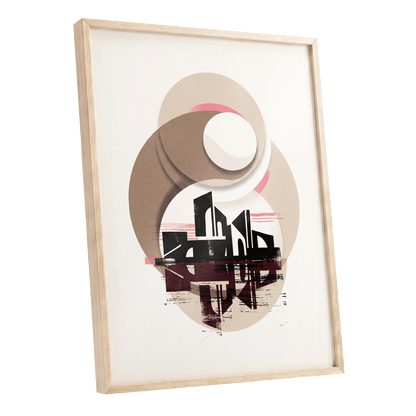 Orbiting Metropolis, white, beige, black abstract wall art shown as a oak framed poster wall art print