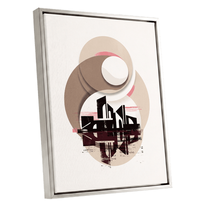 Orbiting Metropolis, white, beige, black abstract wall art shown as a silver framed canvas wall art