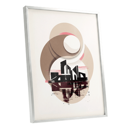 Orbiting Metropolis, white, beige, black abstract wall art shown as a silver framed poster wall art print