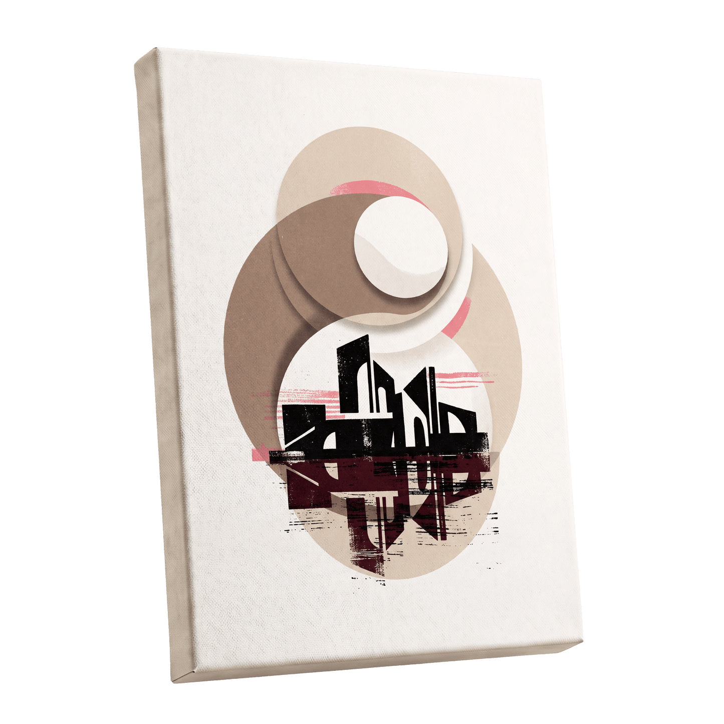 Orbiting Metropolis, white, beige, black abstract wall art shown as a stretched canvas wall art