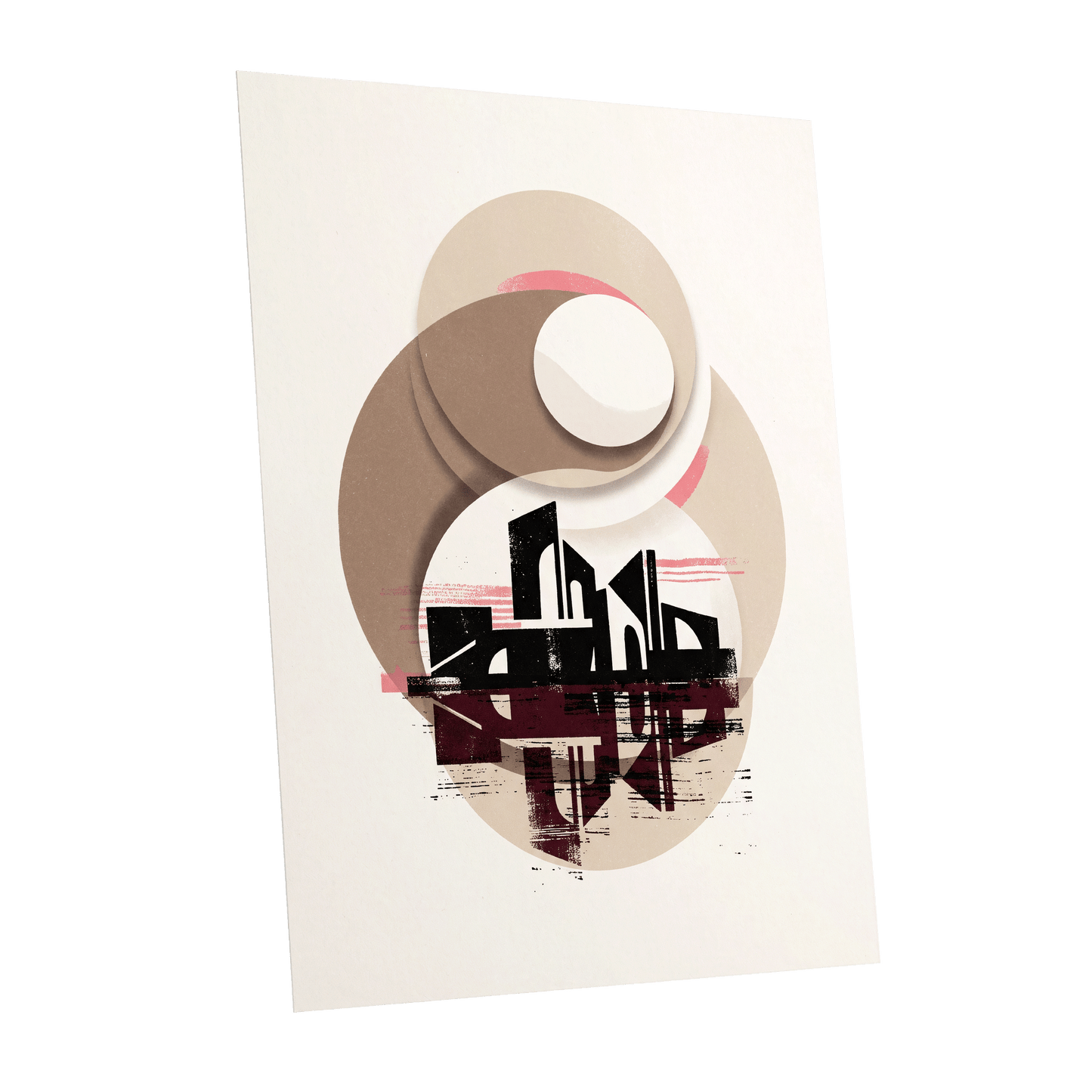 Orbiting Metropolis, white, beige, black abstract wall art shown as a unframed poster wall art print