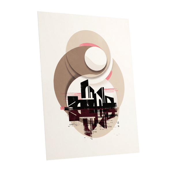 Orbiting Metropolis, white, beige, black abstract wall art shown as a unframed poster wall art print