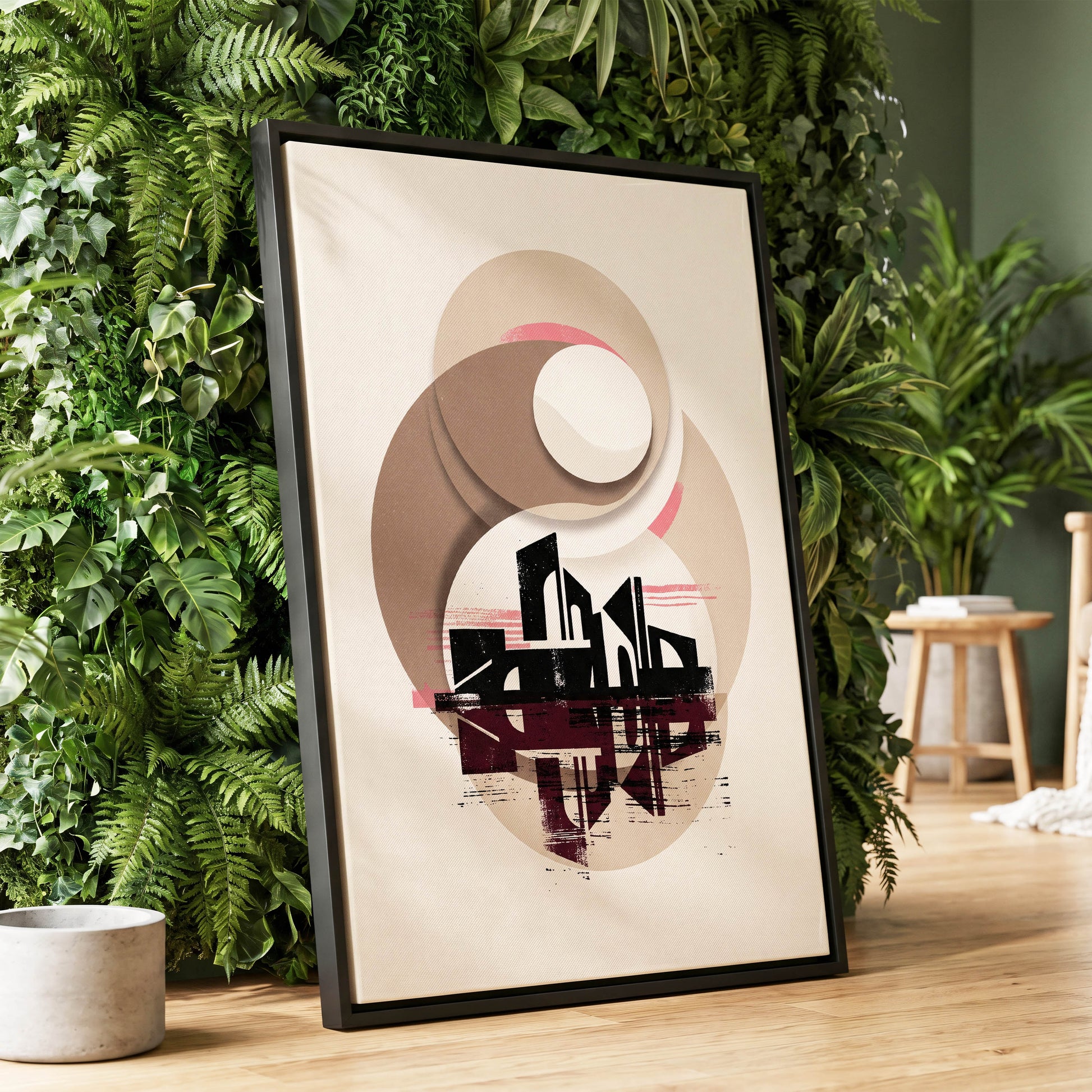 Orbiting Metropolis, white, beige, black abstract wall art displayed in a styled interior, gallery view 1