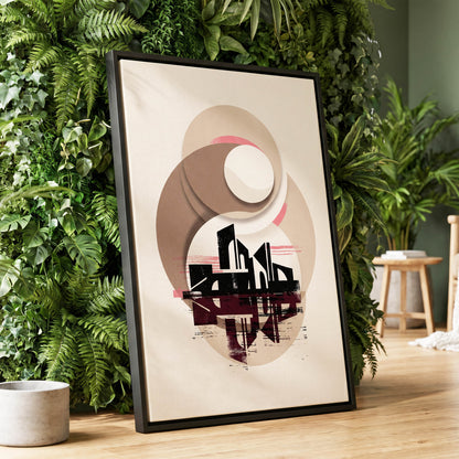 Orbiting Metropolis, white, beige, black abstract wall art displayed in a styled interior, gallery view 1