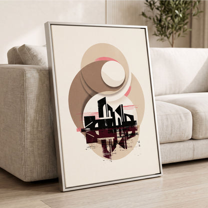 Orbiting Metropolis, white, beige, black abstract wall art displayed in a styled interior, gallery view 2