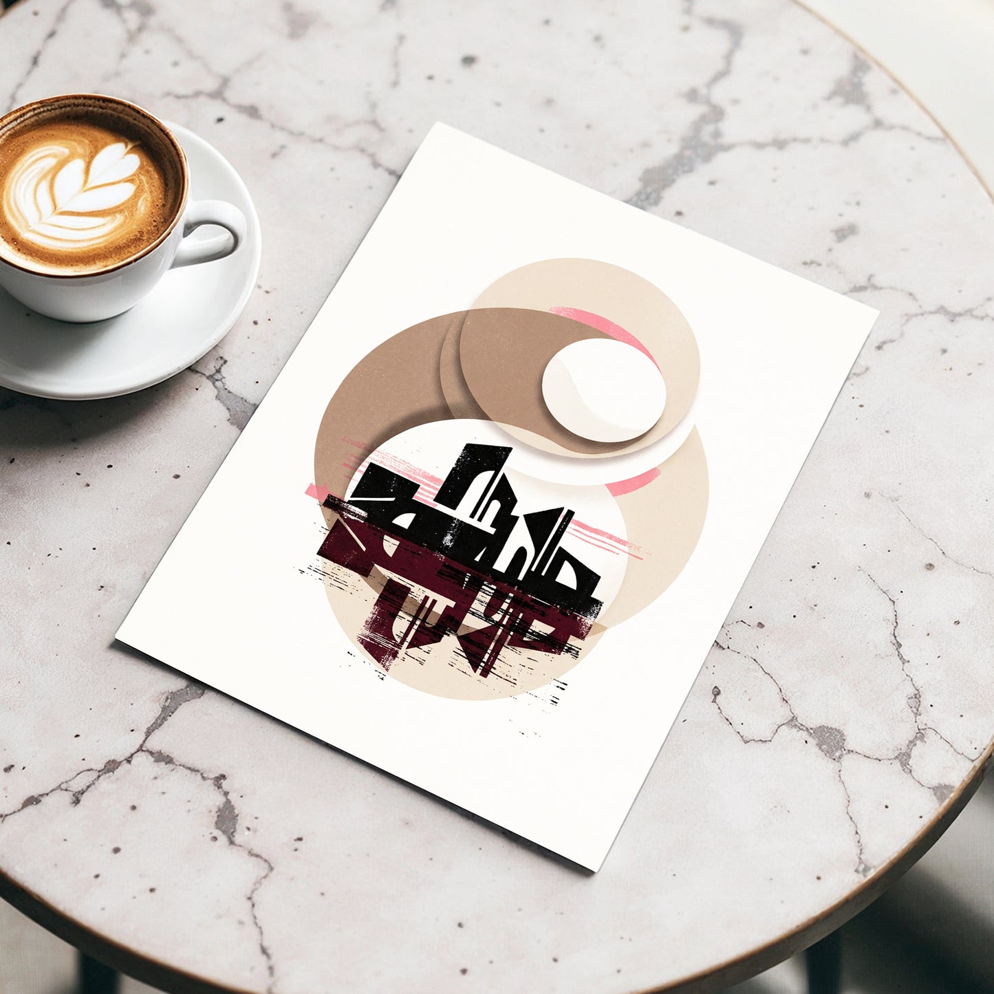 Orbiting Metropolis, white, beige, black abstract wall art displayed in a styled interior, gallery view 3