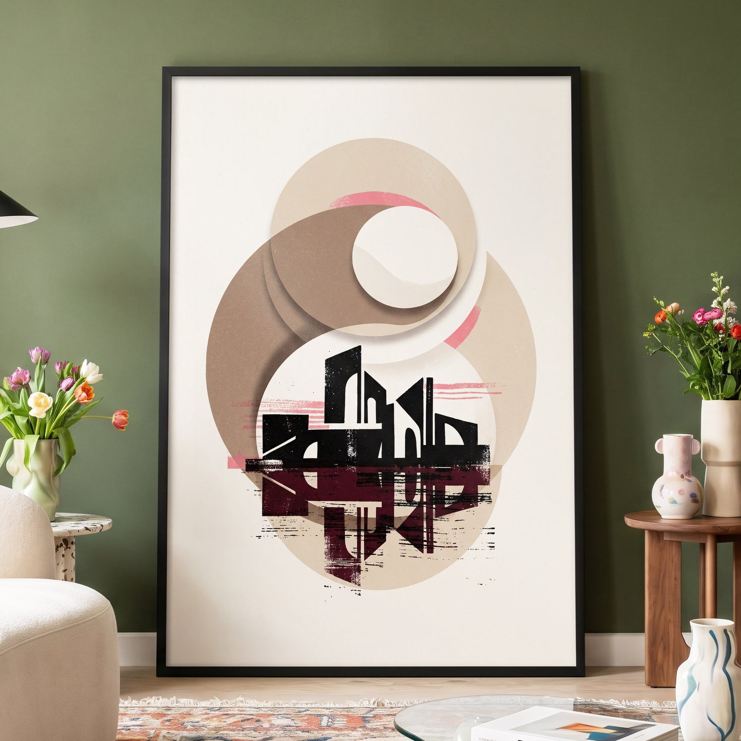 Orbiting Metropolis, white, beige, black abstract wall art displayed in a styled interior, gallery view 4