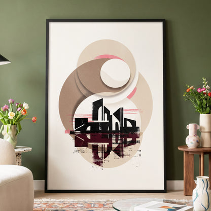 Orbiting Metropolis, white, beige, black abstract wall art displayed in a styled interior, gallery view 4