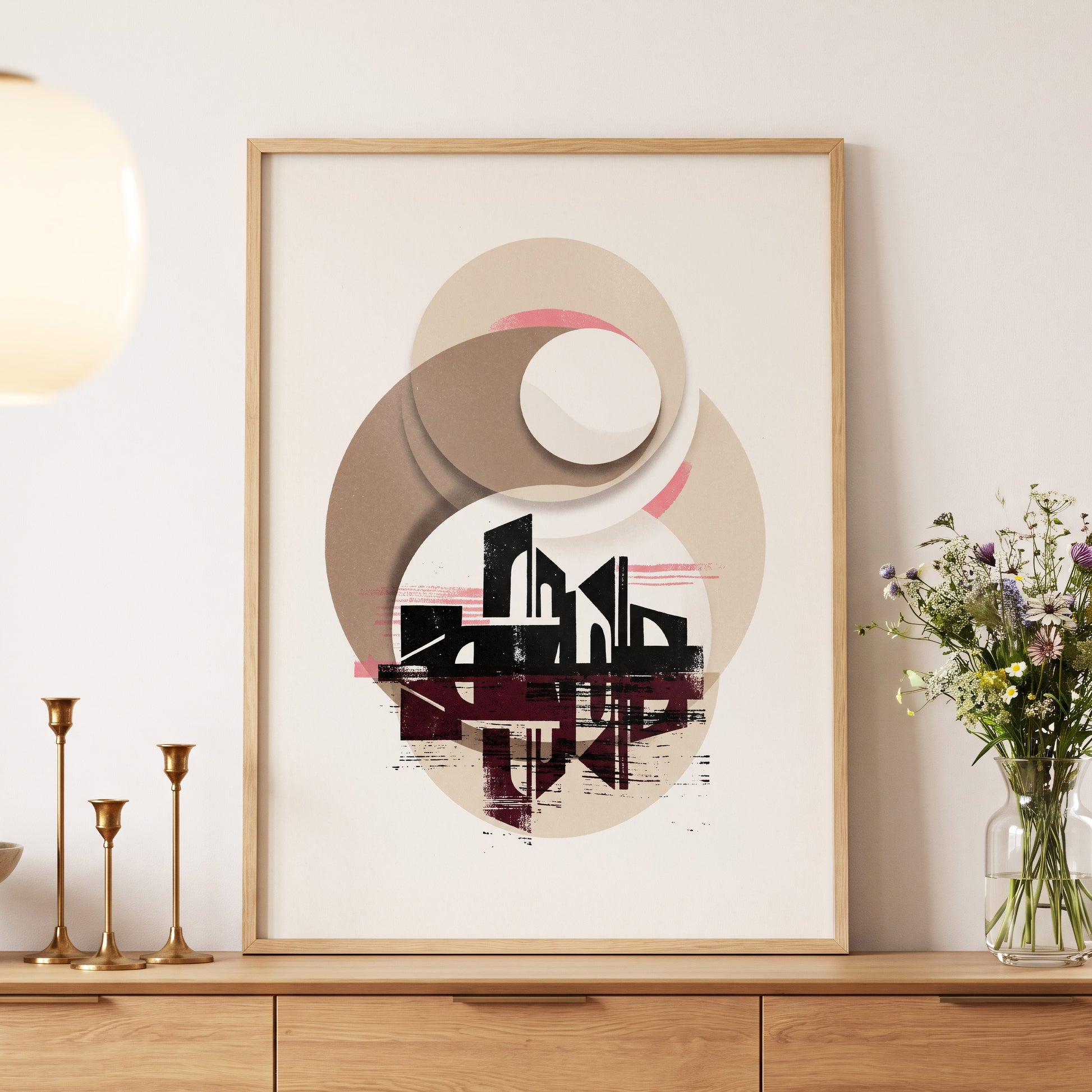 Orbiting Metropolis, white, beige, black abstract wall art displayed in a styled interior, gallery view 5