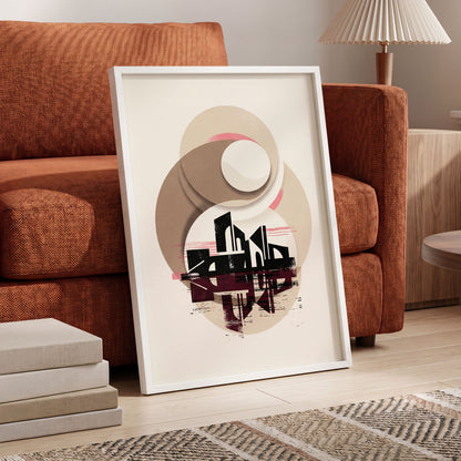 Orbiting Metropolis, white, beige, black abstract wall art displayed in a styled interior, gallery view 6
