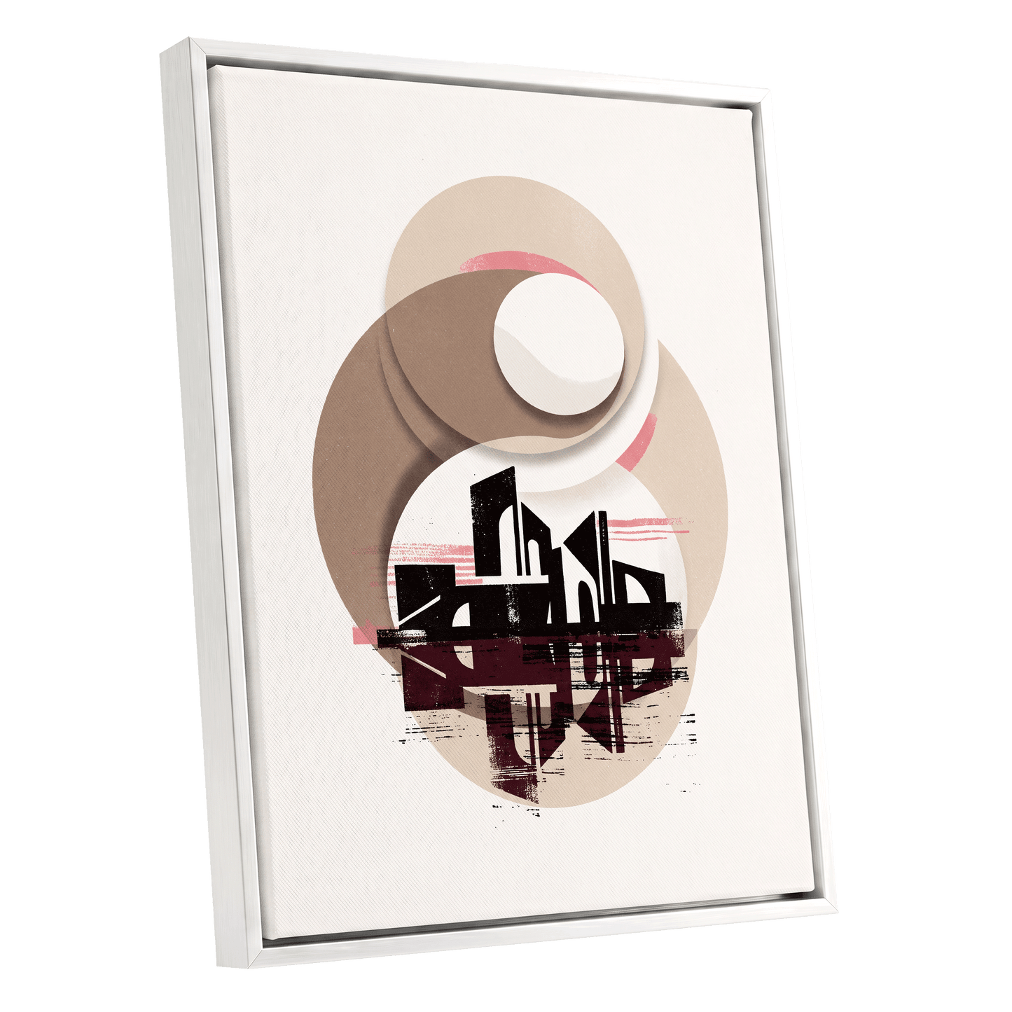 Orbiting Metropolis, white, beige, black abstract wall art shown as a white framed canvas wall art