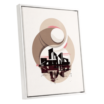 Orbiting Metropolis, white, beige, black abstract wall art shown as a white framed canvas wall art