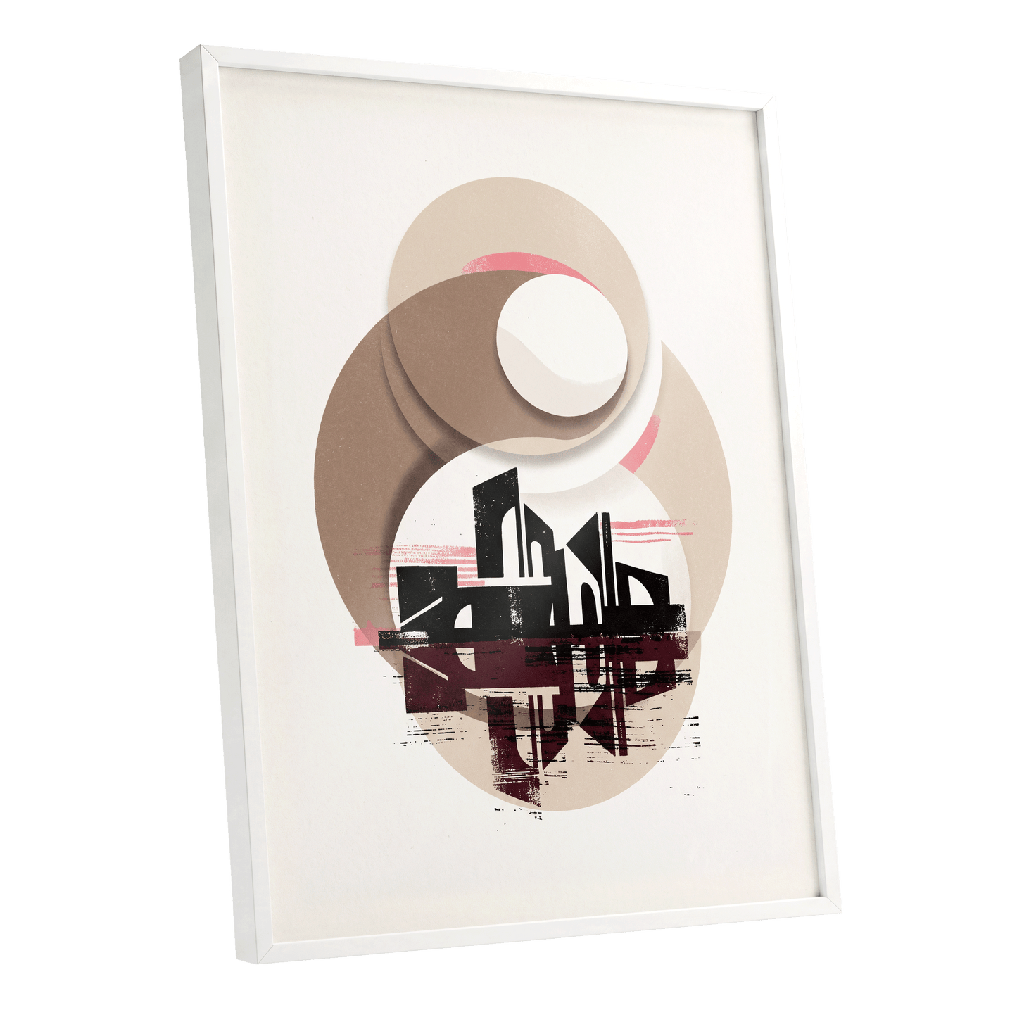 Orbiting Metropolis, white, beige, black abstract wall art shown as a white framed poster wall art print