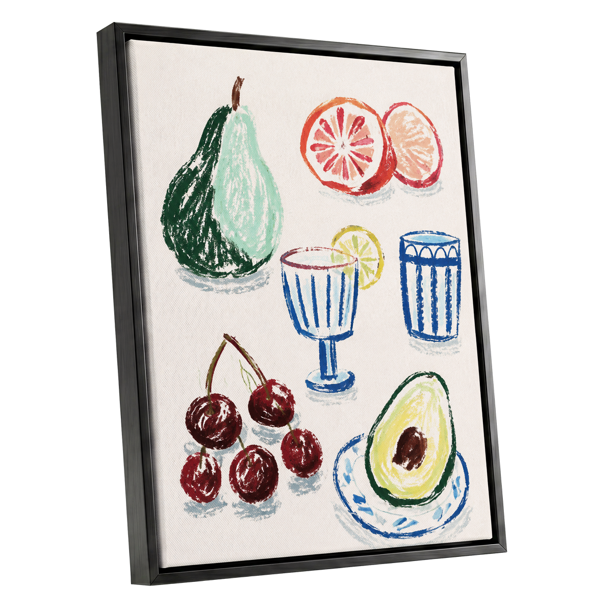 Orchard Aperitif, beige, green, blue nature wall art shown as a black framed canvas wall art