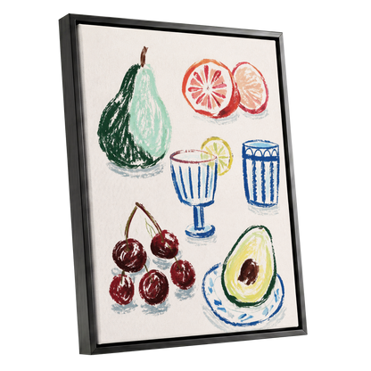 Orchard Aperitif, beige, green, blue nature wall art shown as a black framed canvas wall art