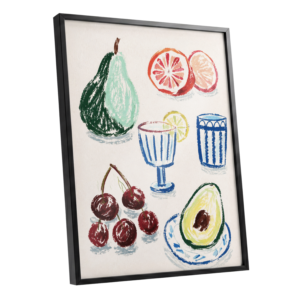 Orchard Aperitif, beige, green, blue nature wall art shown as a black framed poster wall art print