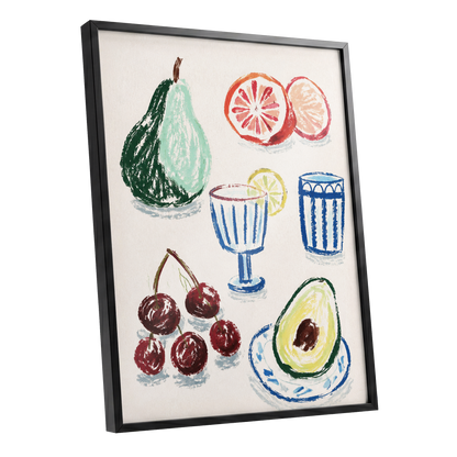 Orchard Aperitif, beige, green, blue nature wall art shown as a black framed poster wall art print
