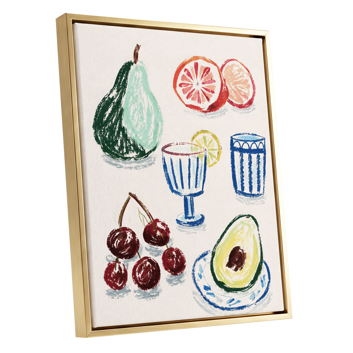 Orchard Aperitif, beige, green, blue nature wall art shown as a gold framed canvas wall art