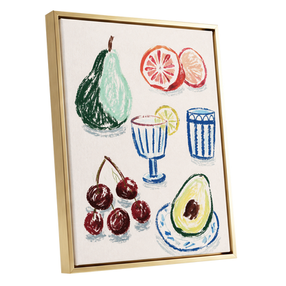 Orchard Aperitif, beige, green, blue nature wall art shown as a gold framed canvas wall art