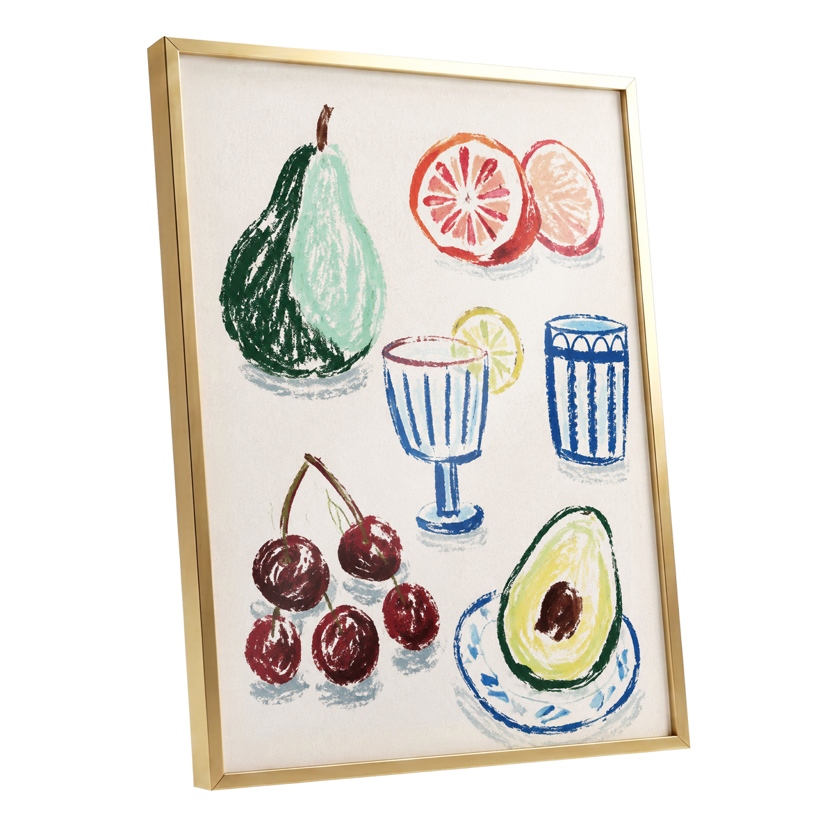 Orchard Aperitif, beige, green, blue nature wall art shown as a gold framed poster wall art print