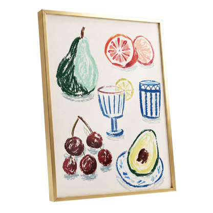 Orchard Aperitif, beige, green, blue nature wall art shown as a gold framed poster wall art print