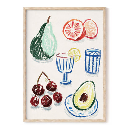 Orchard Aperitif, beige, green, blue nature wall art, front artwork view