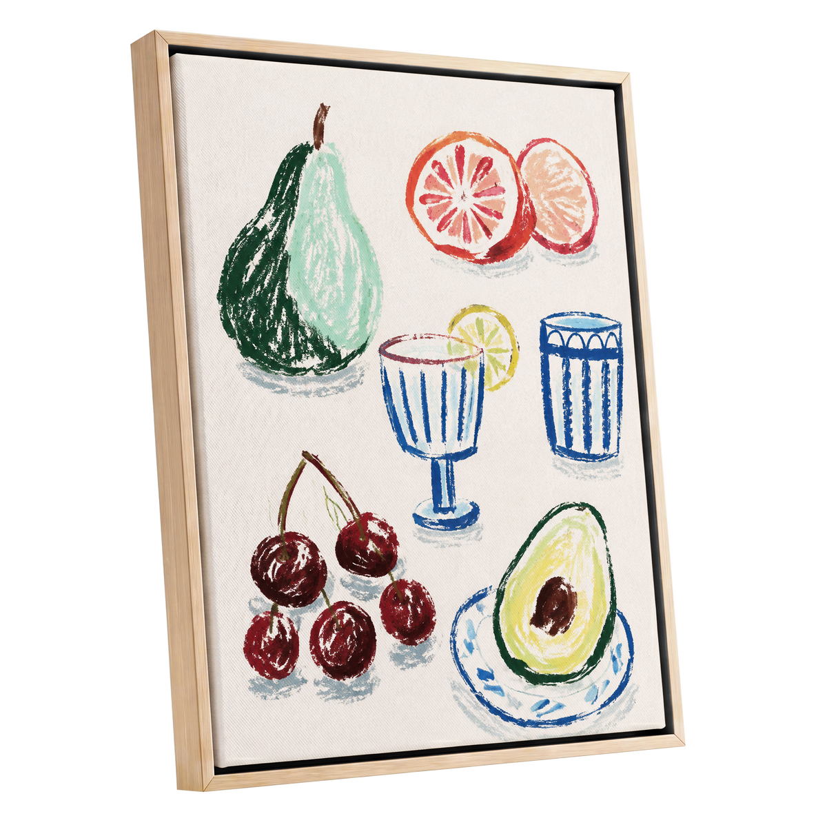 Orchard Aperitif, beige, green, blue nature wall art shown as a oak framed canvas wall art