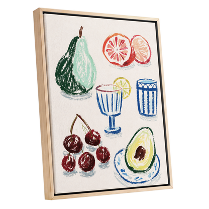 Orchard Aperitif, beige, green, blue nature wall art shown as a oak framed canvas wall art